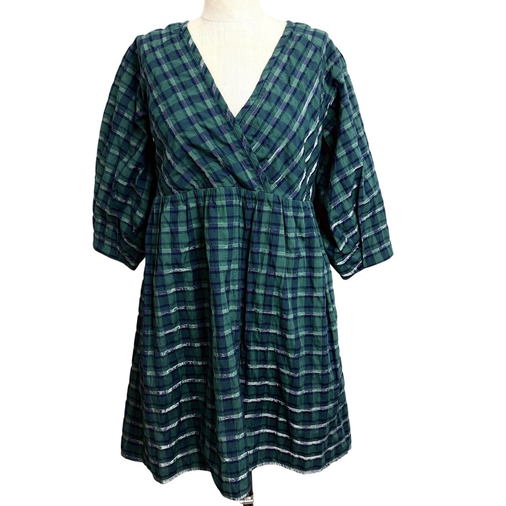 Madewell Marianna Puff Sleeve Mini Dress Green Plaid V-Neck XXS Pockets